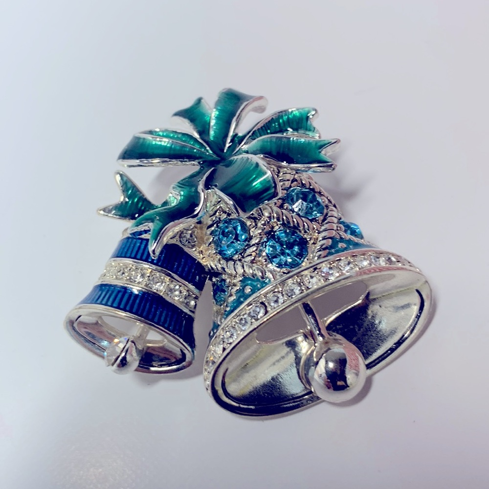 Napier Vintage Womens Christmas Bell Green Blue Flower Pin Brooch B2